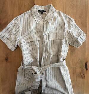 Lafayette 148 New York Striped Linen Short Sleeve Belted Shirt Dress Size S